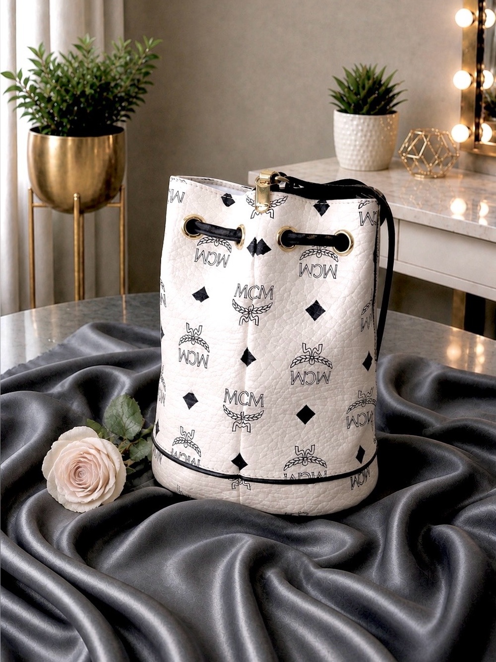MCM Mini White Leather Monogram Bucket Crossbody Bag